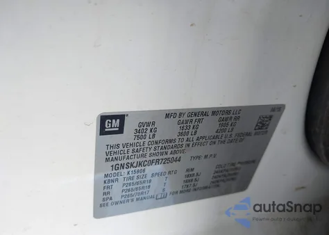 2015 Chevrolet Suburban 1500 Lt z USA, uszkodzony, nr VIN 1GNSKJKC0FR725044